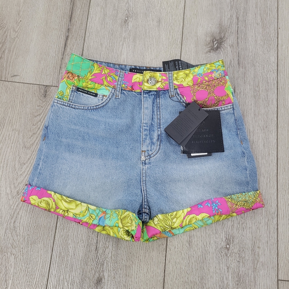 Philipp Plein DENIM HIGH WAIST HOT PANTS INSERT NEW BAROQUE